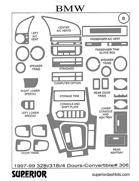 Shadow sheet for Superior Dash kit 306, 1997-1999 BMW 3 Series 318i/328i