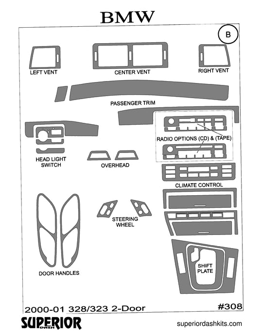 Shadow sheet for Superior Dash kit 308, 2000-2001 BMW 3 Series 323/328
