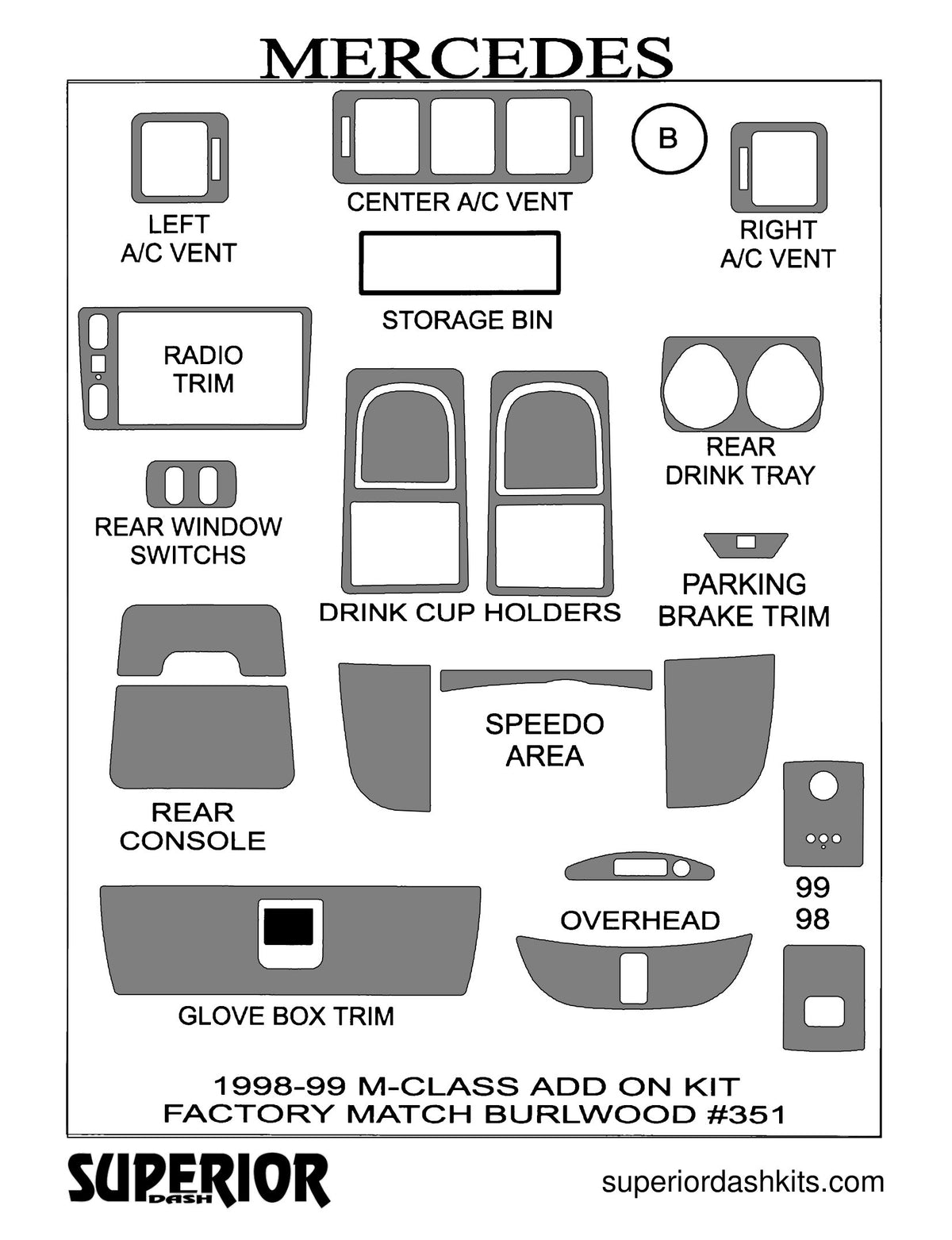 Shadow sheet for Superior Dash kit 351, 1998-1999 Mercedes M-Class