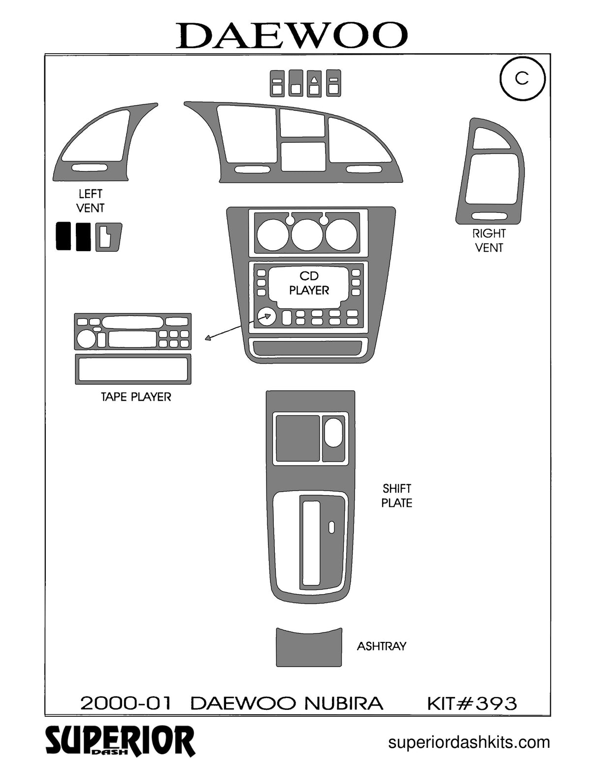 Shadow sheet for Superior Dash kit 393, 2000-2002 Daewoo Nubira