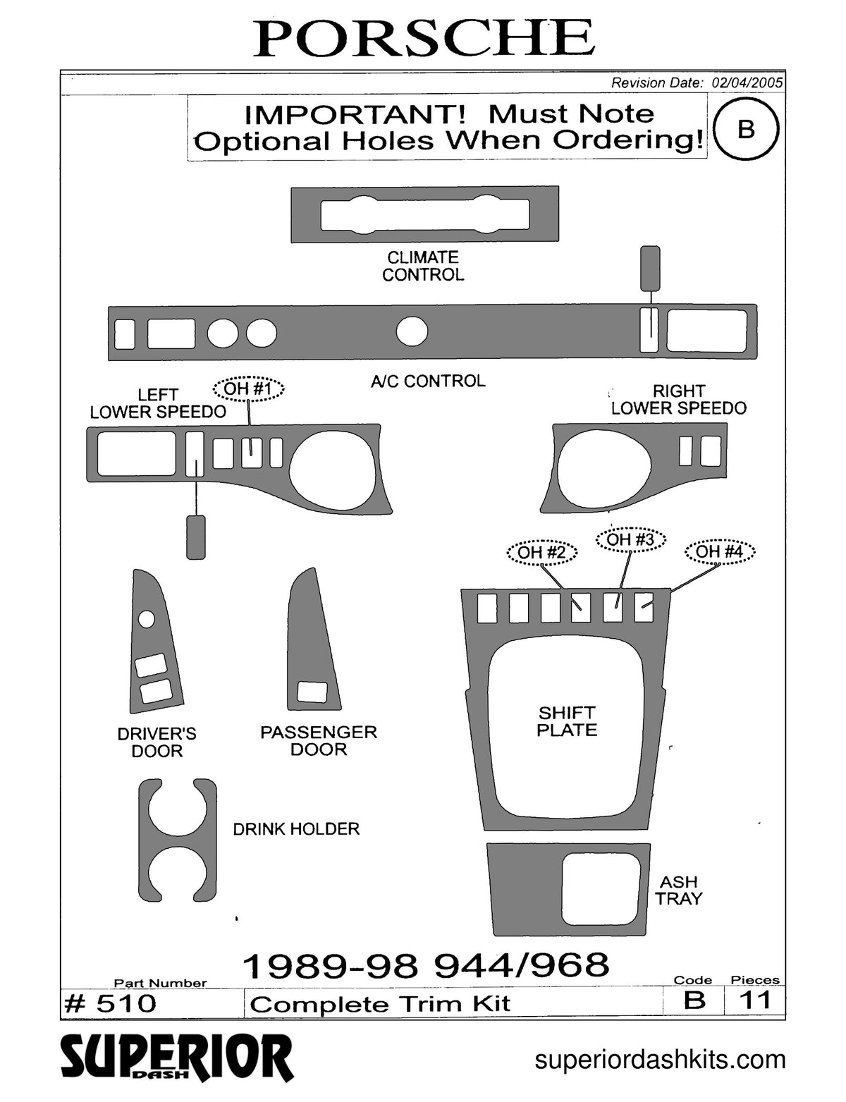 Shadow sheet for Superior Dash kit 510, 1989-1998 Porsche 944 and 968