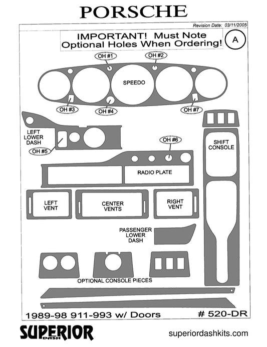 Shadow sheet for Superior Dash kit 520-DR, 1989-1998 Porsche 911