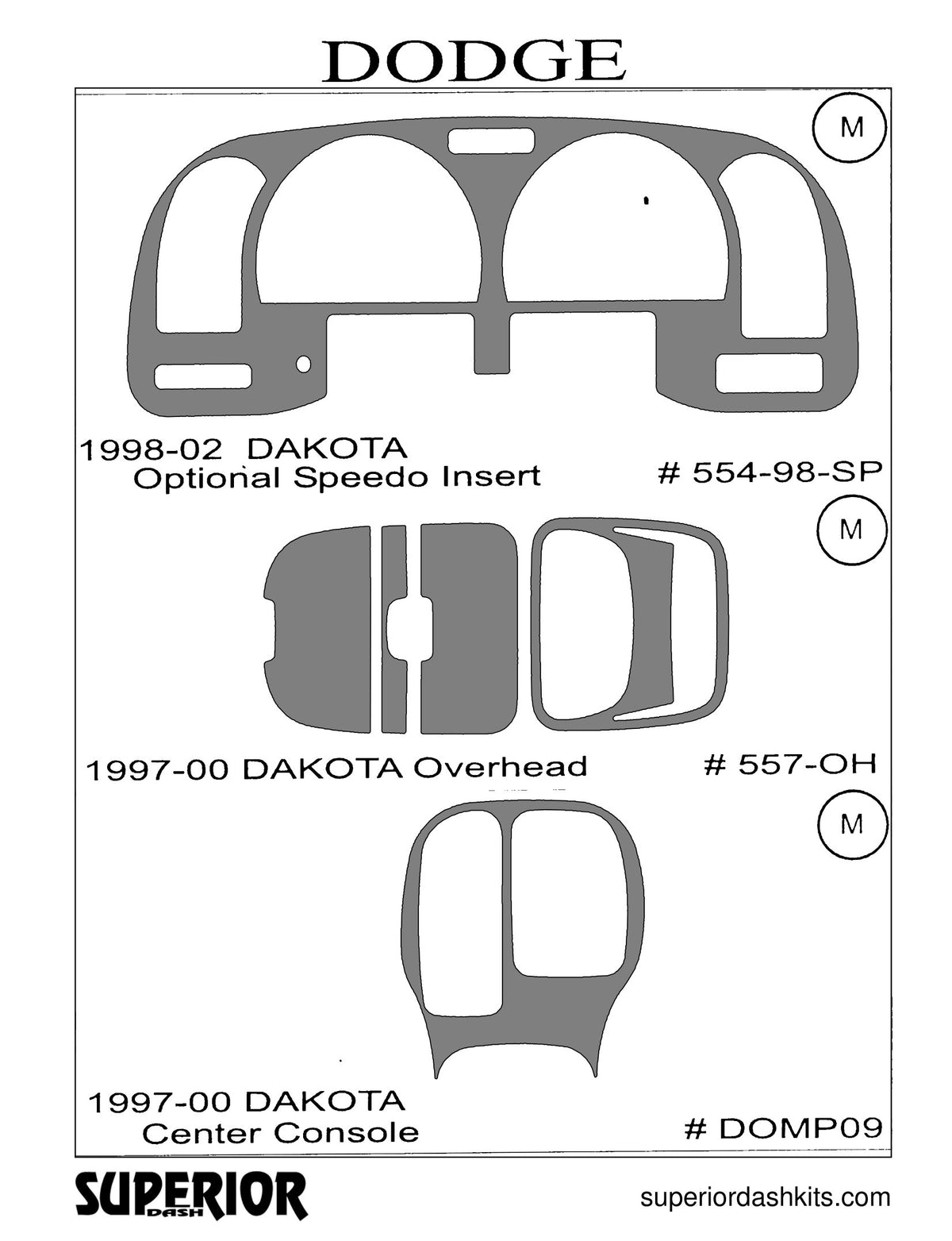 Shadow sheet for Superior Dash kit 554-98-SP, 1997-2002 Dodge Dakota