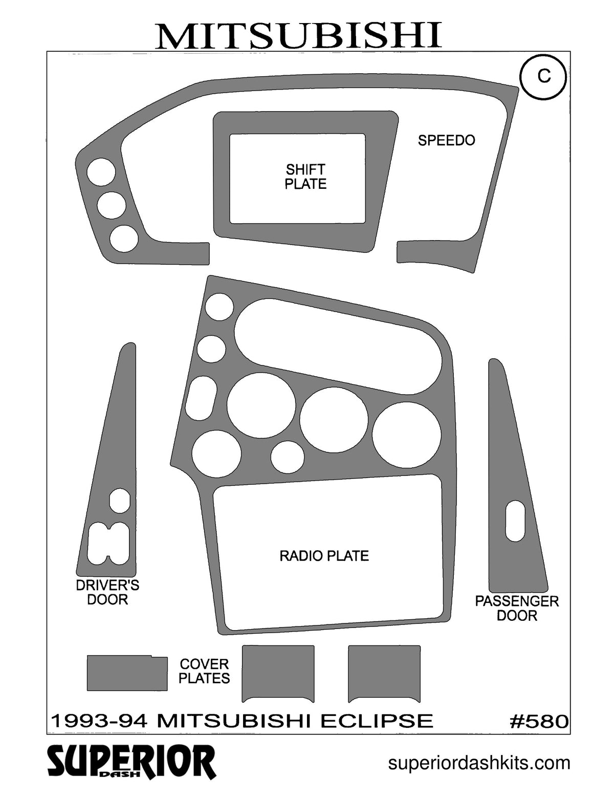 Shadow sheet for Superior Dash kit 580, 1993-1994 Mitsubishi Eclipse and Plymouth Laser; 1992-1997 Eagle Talon