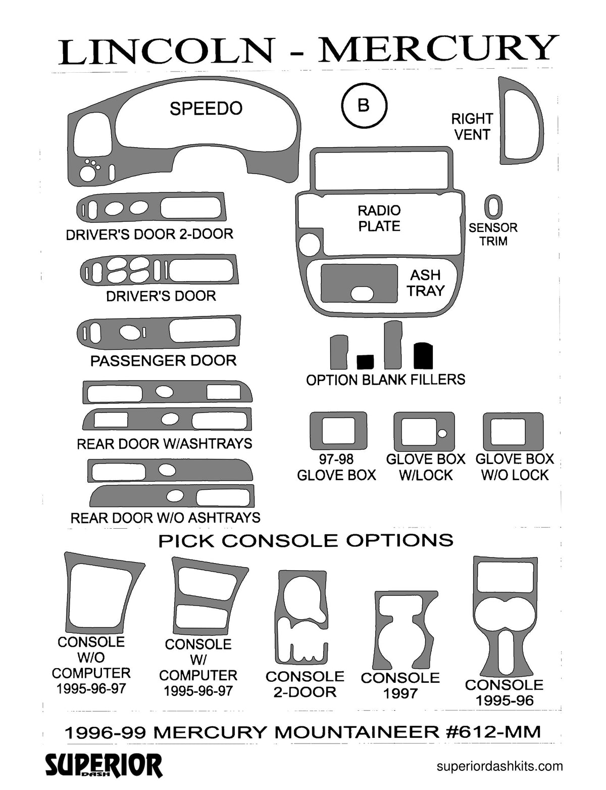 Shadow sheet for Superior Dash kit 612-MM-96, 1996-2001 Mercury Mountaineer