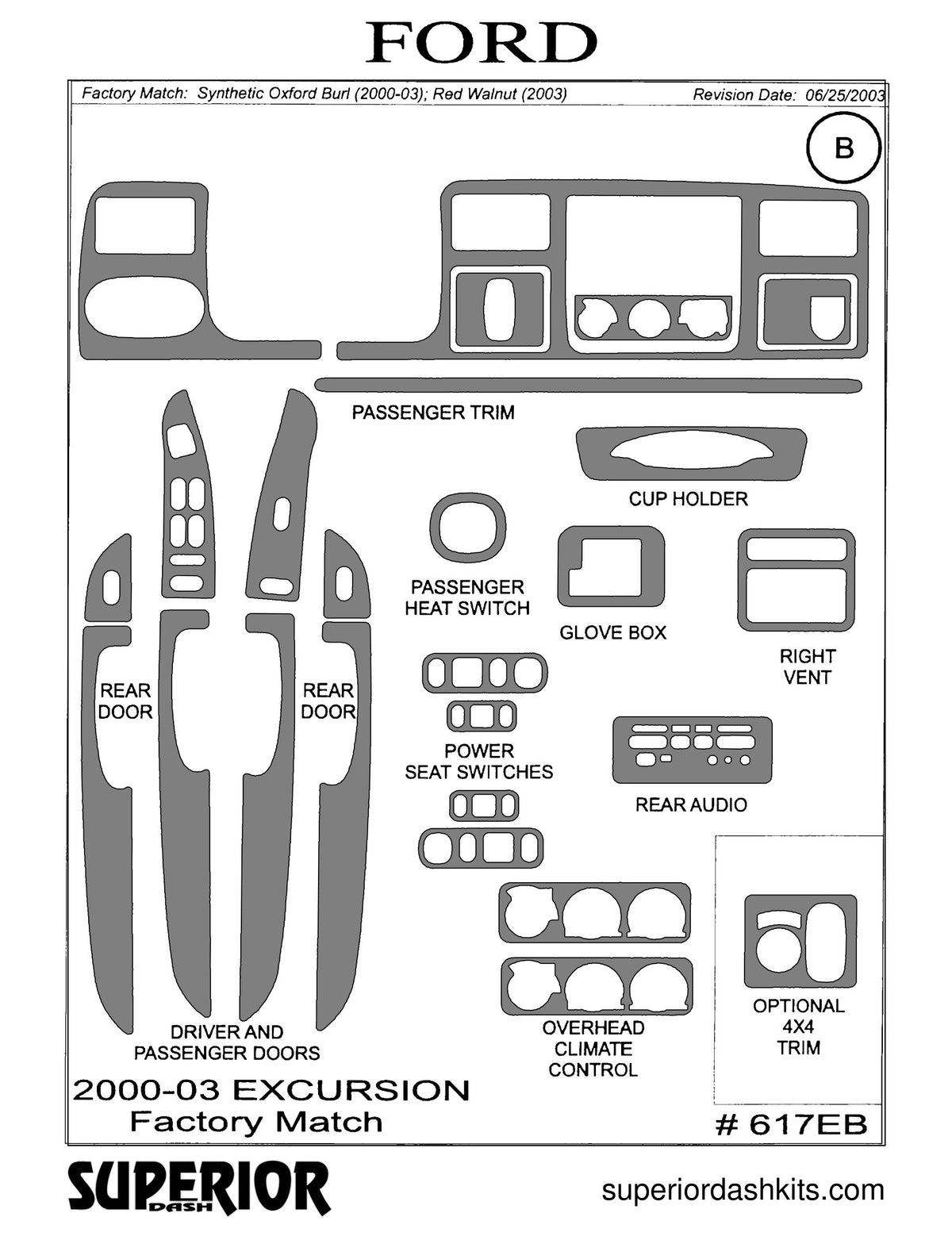 Shadow sheet for Superior Dash kit 617EB, 2000-2005 Ford Excursion