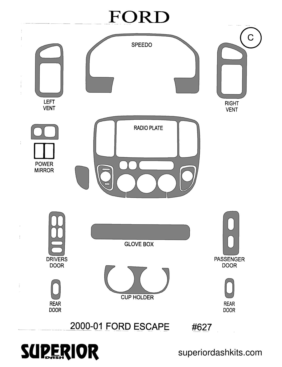 Shadow sheet for Superior Dash kit 627, 2000-2001 Ford Escape