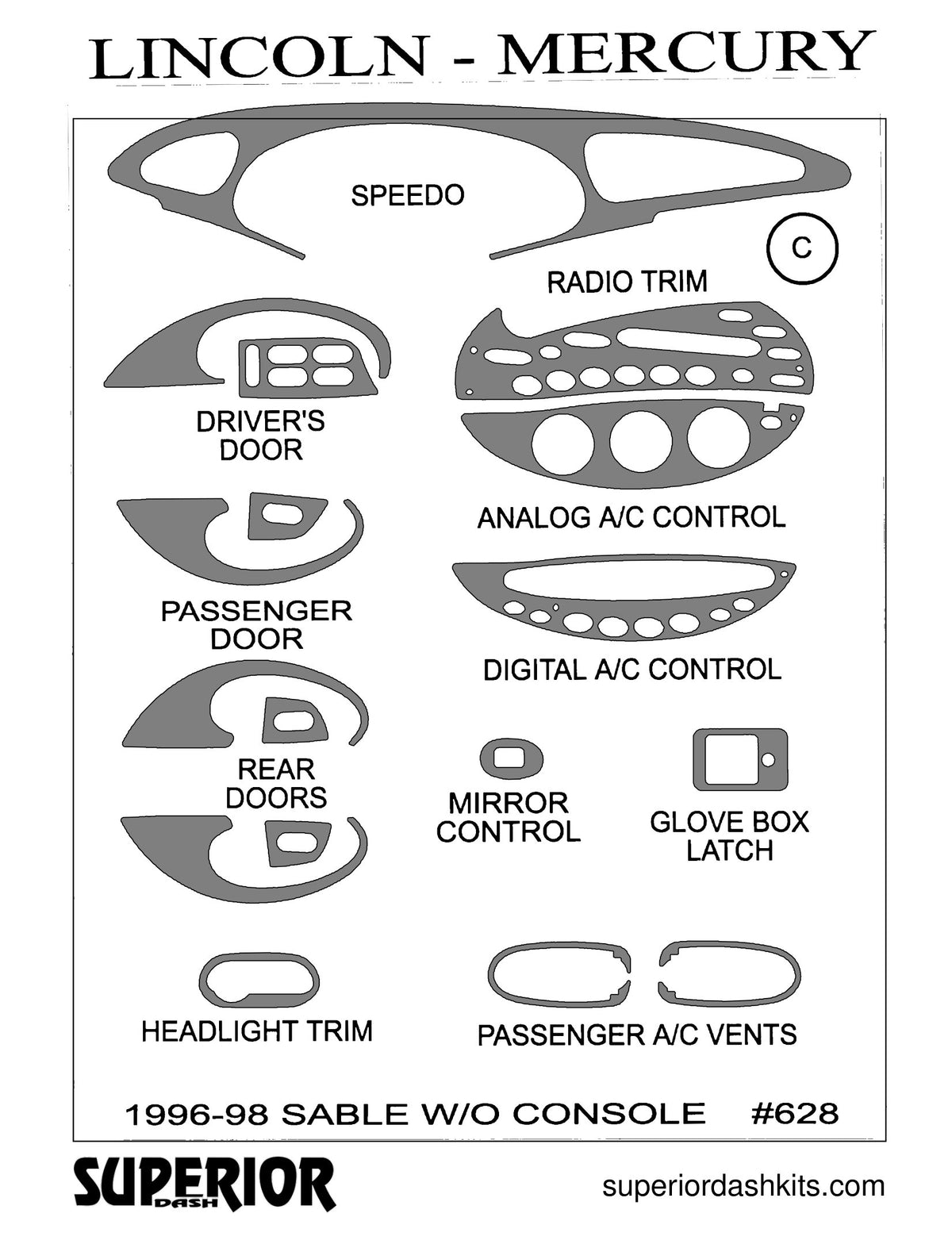 Shadow sheet for Superior Dash kit 628-C, 1996-1999 Ford Taurus and Mercury Sable (sheet 3)