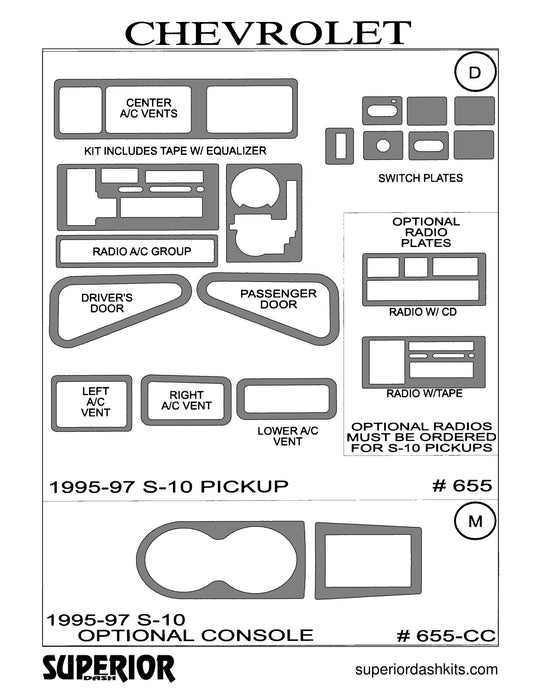 Shadow sheet for Superior Dash kit 655-95, 1993-1997 Chevrolet S-10