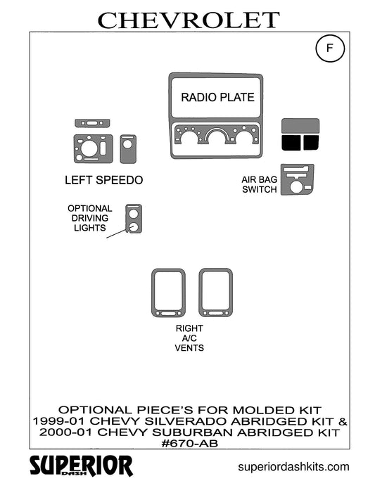 Shadow sheet for Superior Dash kit 670-AB, 1999-2001 Chevrolet Silverado and GMC Sierra; 2000-2001 Chevrolet Suburban and GMC Yukon XL
