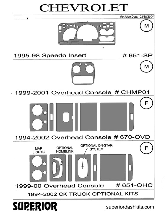 Shadow sheet for Superior Dash kit 670-OVD, 1994-1998 Chevrolet CK Truck; 1999-2002 Chevrolet Silverado; 1994-2001 Chevrolet Suburban; 1995-1996 Chevrolet Tahoe and GMC Yukon; 1994-2002 GMC Sierra