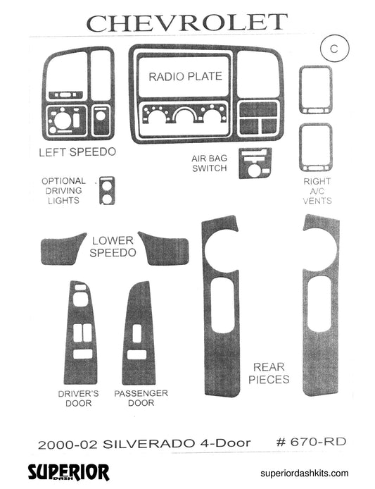Shadow sheet for Superior Dash kit 670-RD, 2000-2002 Chevrolet Silverado and GMC Sierra