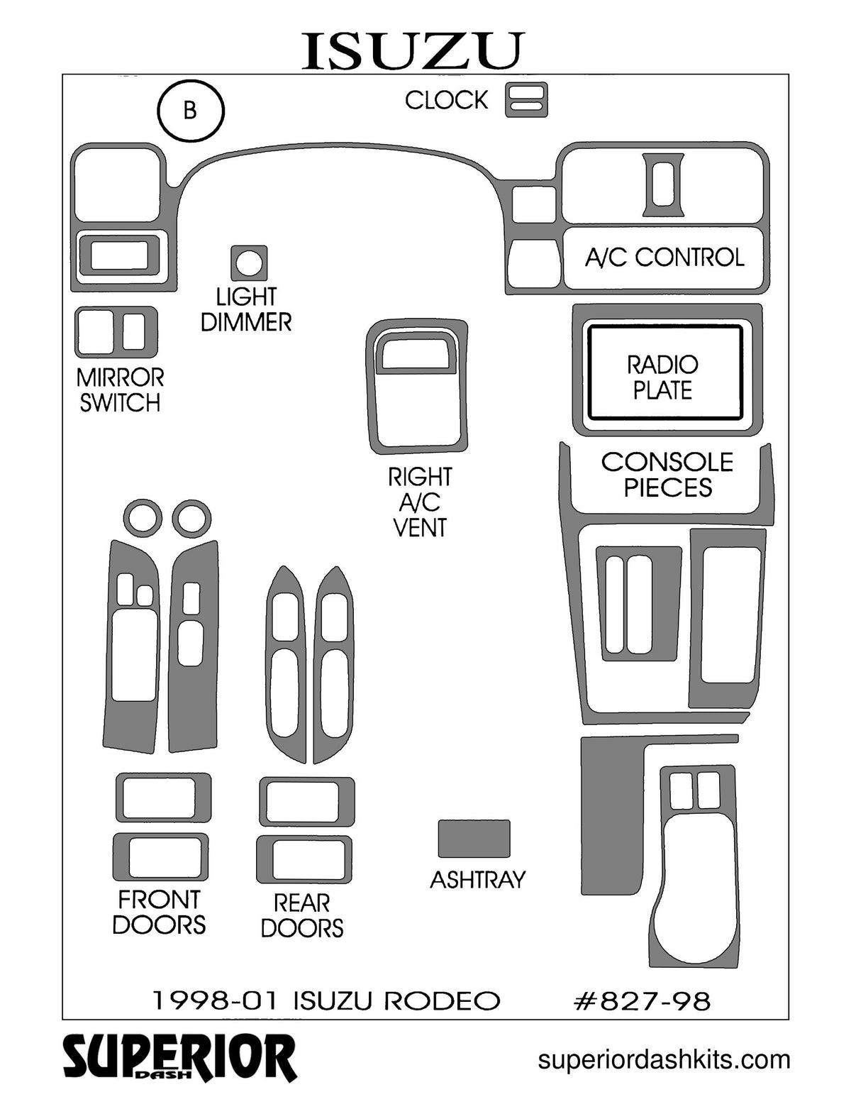 Shadow sheet for Superior Dash kit 827-98, 1998-2002 Isuzu Rodeo and Honda Passport