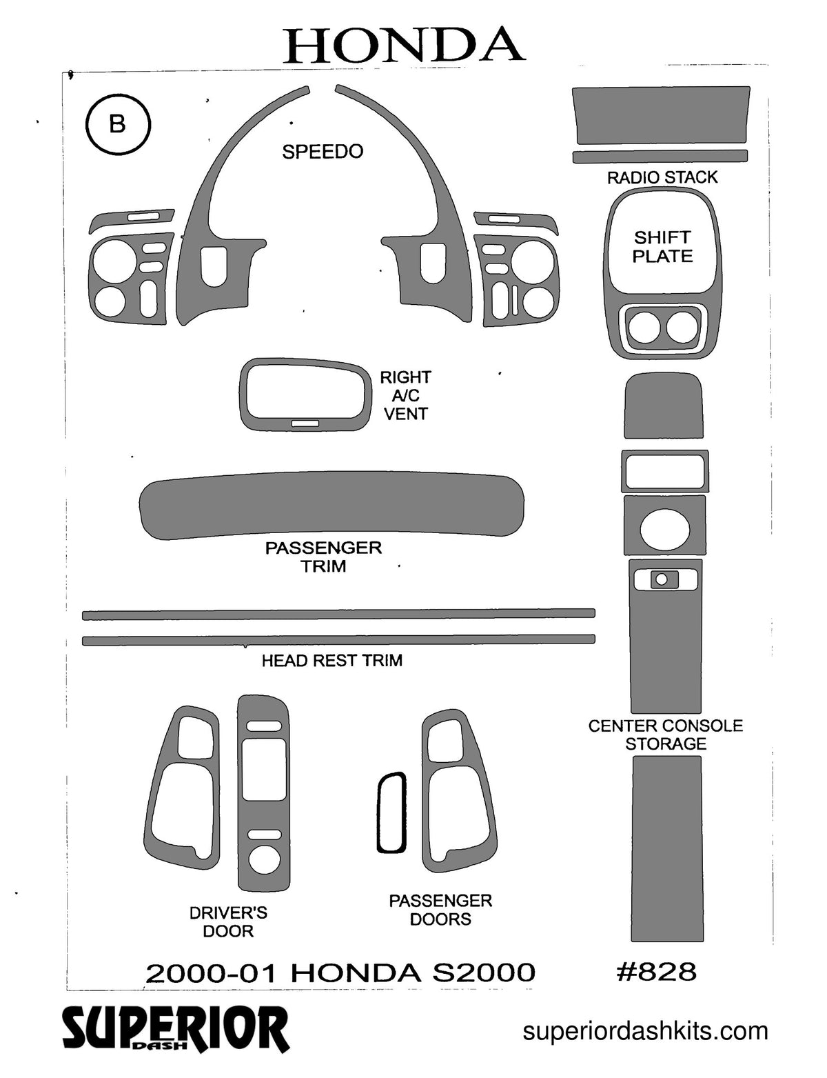 Shadow sheet for Superior Dash kit 828, 2000-2003 Honda S2000