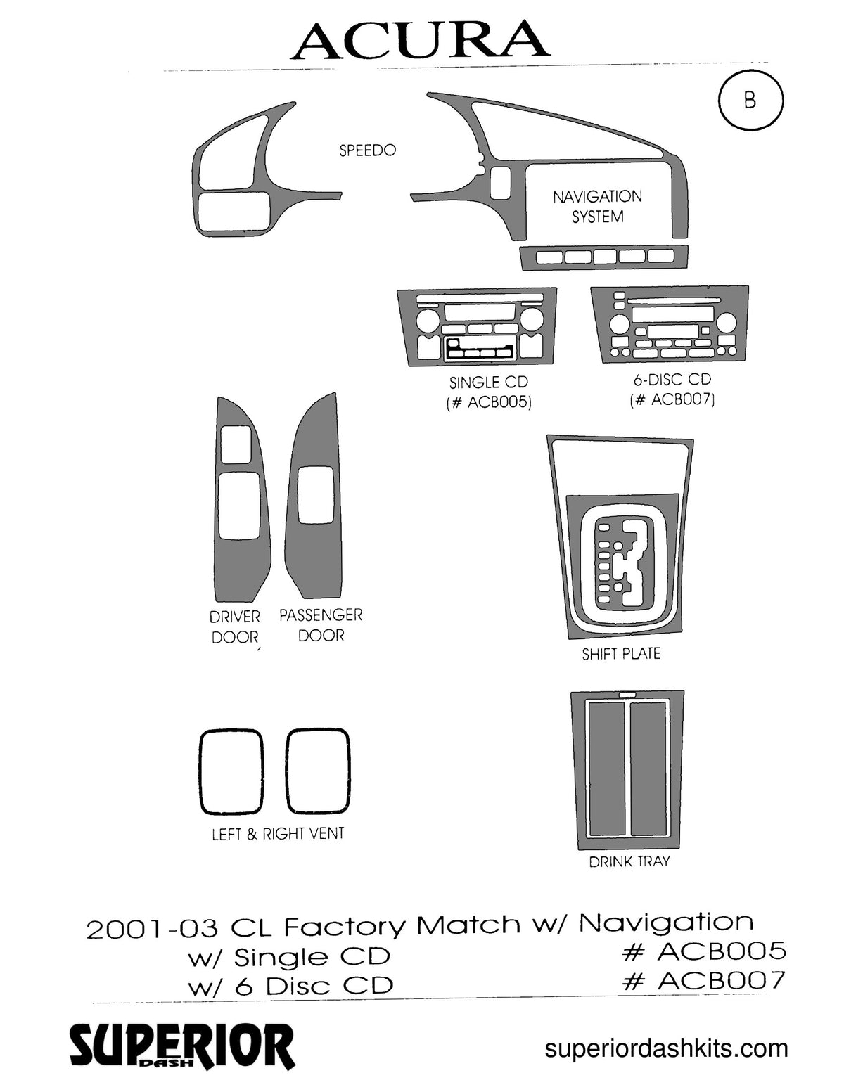 Shadow sheet for Superior Dash kit ACB005 / ACB007, 2001-2003 Acura CL