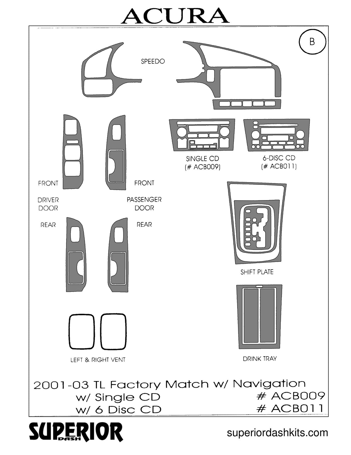 Shadow sheet for Superior Dash kit ACB009 / ACB011, 2001-2003 Acura TL