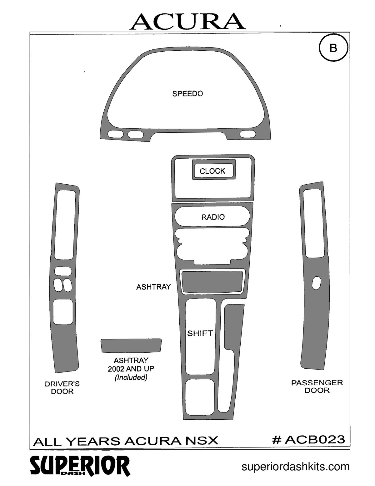 Shadow sheet for Superior Dash kit ACB023, 1991-2004 Acura NSX