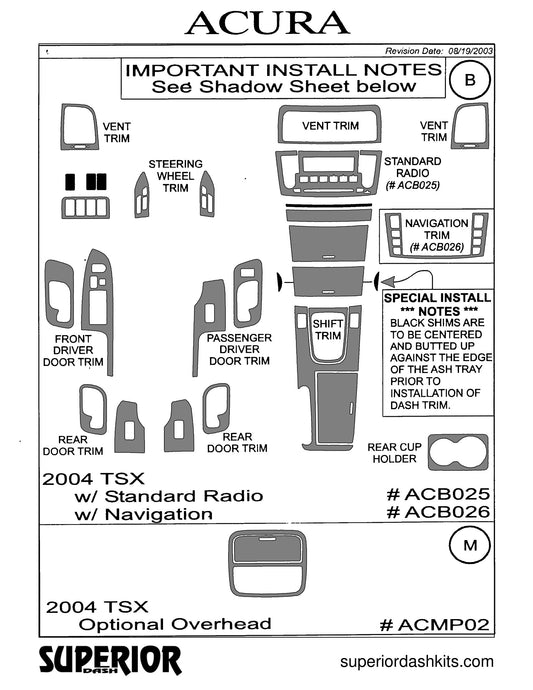 Shadow sheet for Superior Dash kit ACB025 / ACB026, 2004-2008 Acura TSX