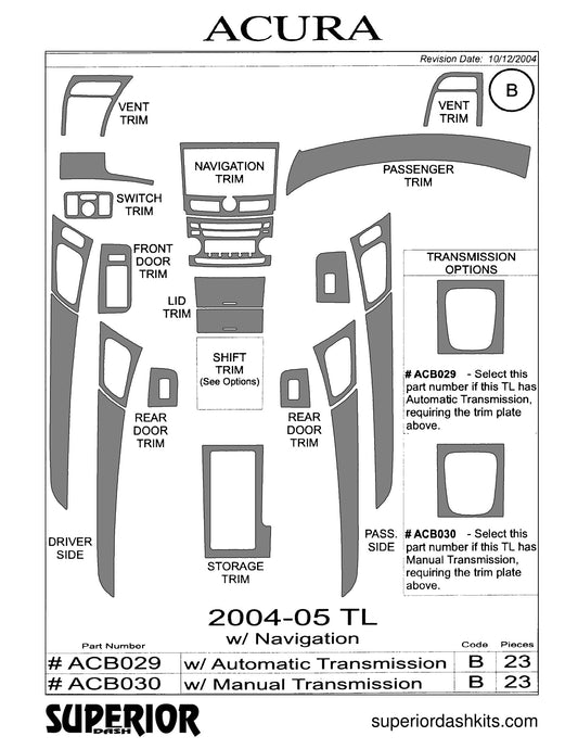 Shadow sheet for Superior Dash kit ACB029 / ACB030, 2004-2008 Acura TL