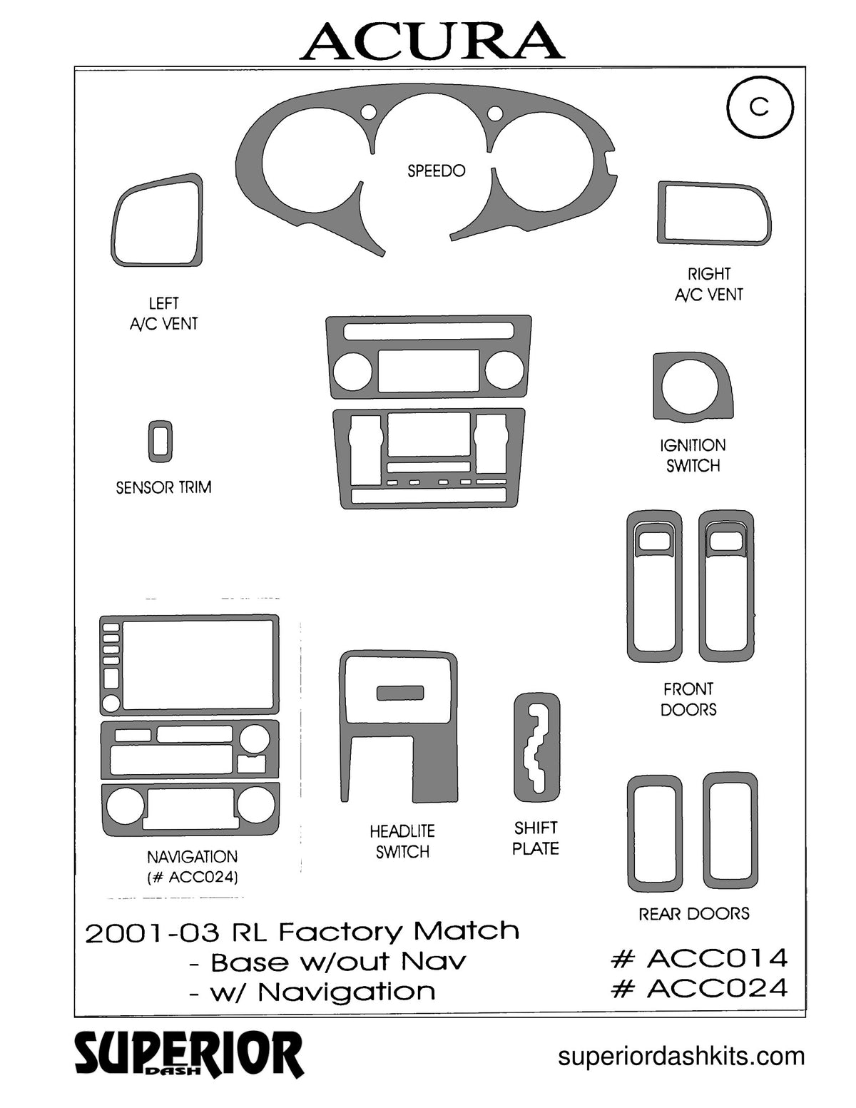Shadow sheet for Superior Dash kit ACC014 / ACC024, 2001-2003 Acura RL