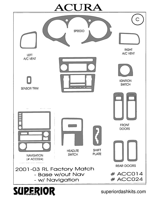 Shadow sheet for Superior Dash kit ACC014 / ACC024, 2001-2003 Acura RL