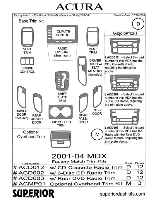Shadow sheet for Superior Dash kit ACMP01, 2001-2004 Acura MDX