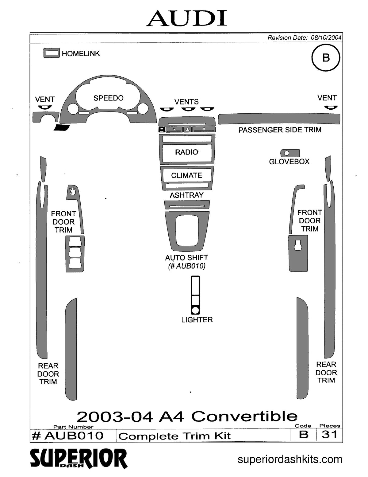 Shadow sheet for Superior Dash kit AUB010, 2003-2004 Audi A4