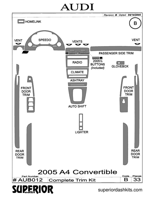 Shadow sheet for Superior Dash kit AUB012, 2005-2007 Audi A4 Convertible complete dash trim kit