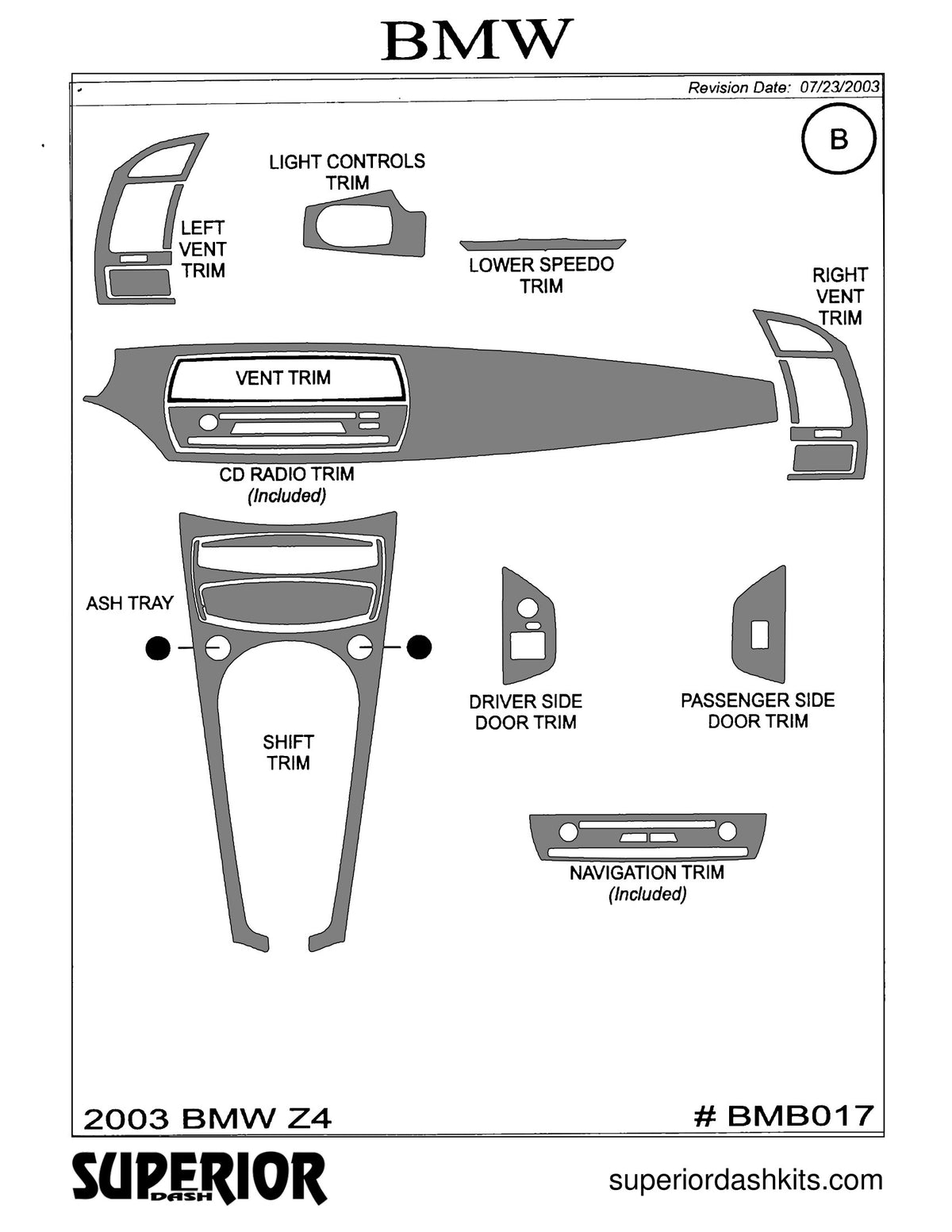 Shadow sheet for Superior Dash kit BMB017, 2003-2008 BMW Z4