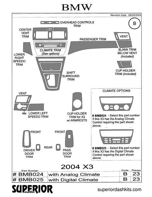 Shadow sheet for Superior Dash kit BMB024 / BMB025, 2004-2006 BMW X3