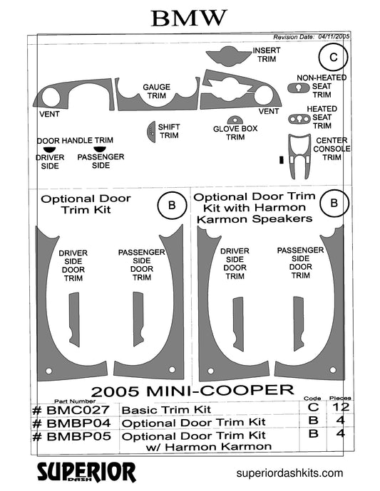 Shadow sheet for Superior Dash kit BMC027, 2005-2006 BMW Mini Cooper