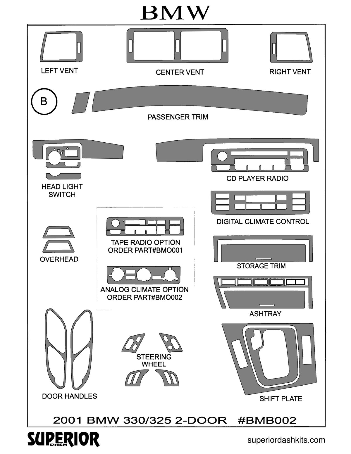 Shadow sheet for Superior Dash kit BMO001, 2001 BMW 3 Series 325/330