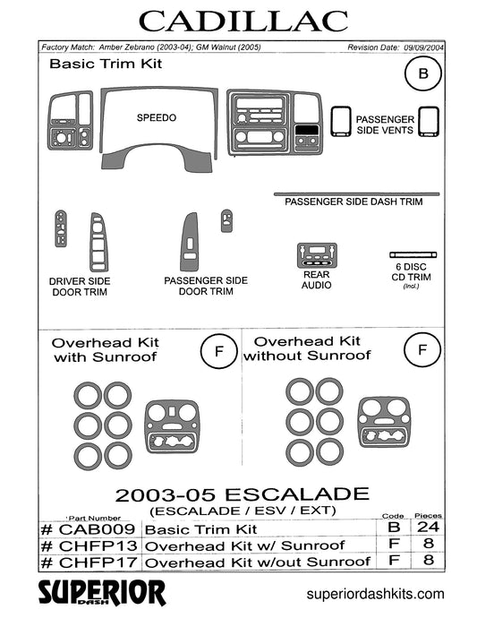 Shadow sheet for Superior Dash kit CAB009, 2003-2005 Cadillac Escalade, Escalade ESV and Escalade EXT