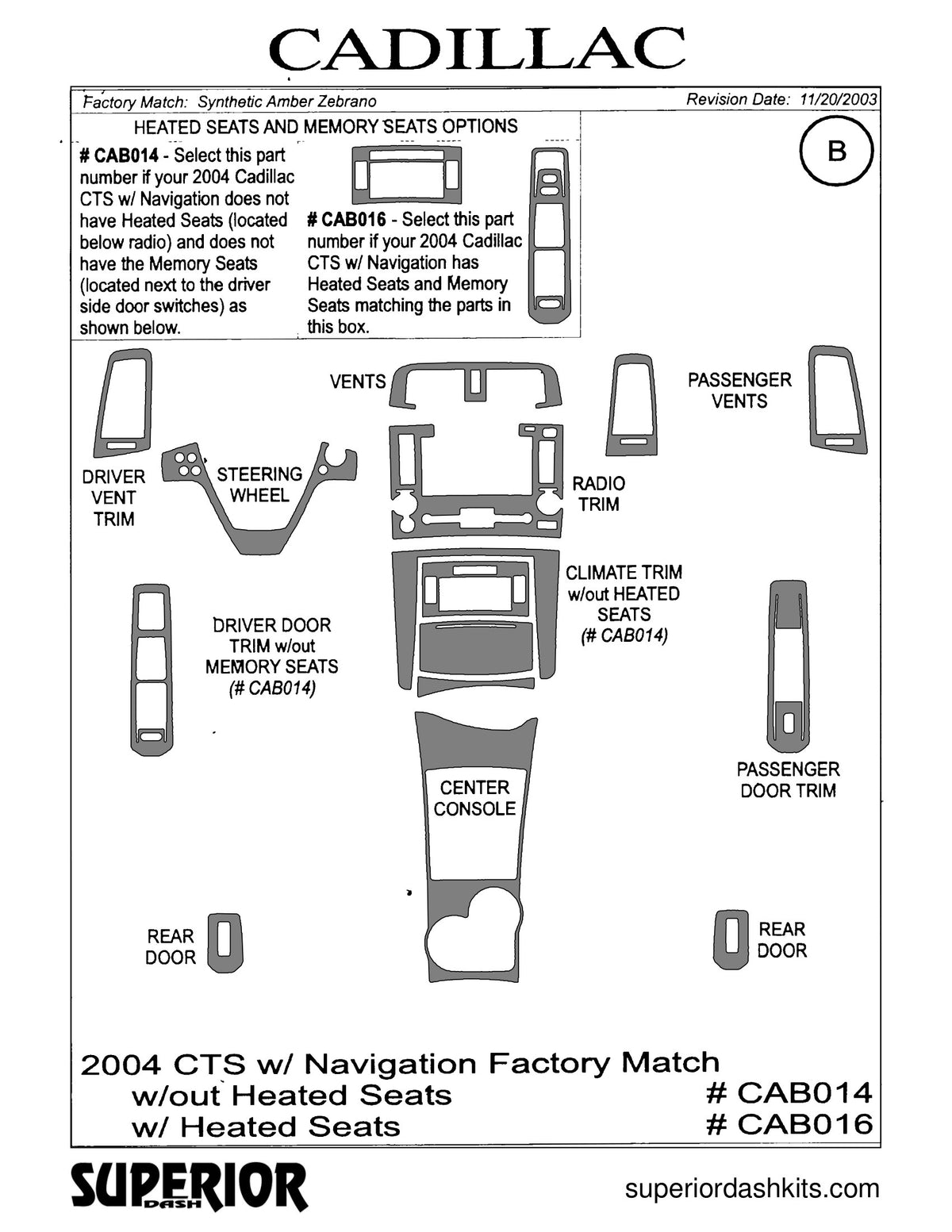 Shadow sheet for Superior Dash kit CAB014 / CAB016, 2004 Cadillac CTS