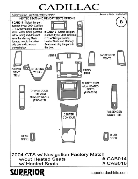 Shadow sheet for Superior Dash kit CAB014 / CAB016, 2004 Cadillac CTS