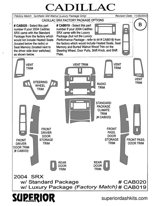 Shadow sheet for Superior Dash kit CAB020 / CAB019, 2004-2005 Cadillac SRX