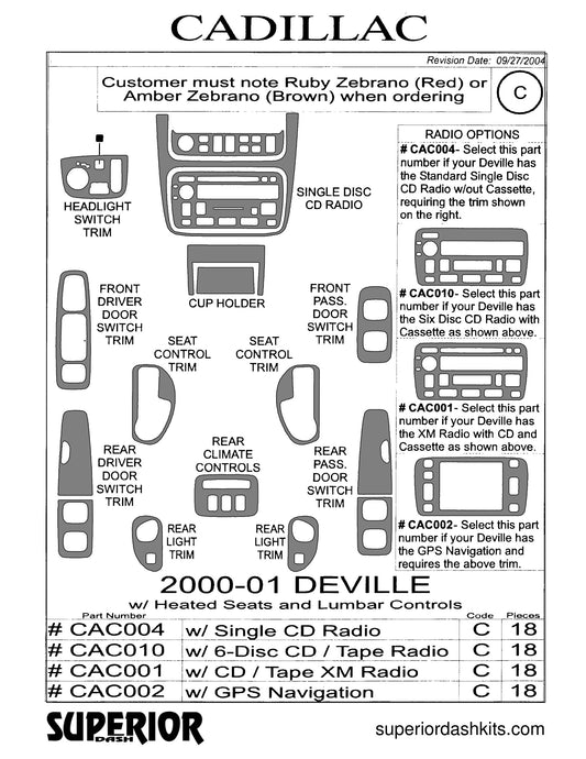 Shadow sheet for Superior Dash kit CAC004 / CAC010 / CAC001 / CAC002, 2000-2004 Cadillac DeVille, DHS and DTS