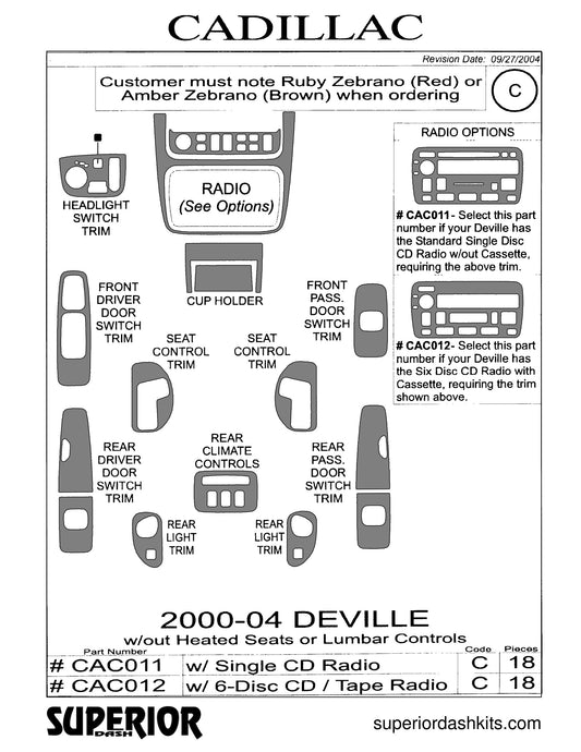 Shadow sheet for Superior Dash kit CAC011 / CAC012, 2000-2004 Cadillac DeVille