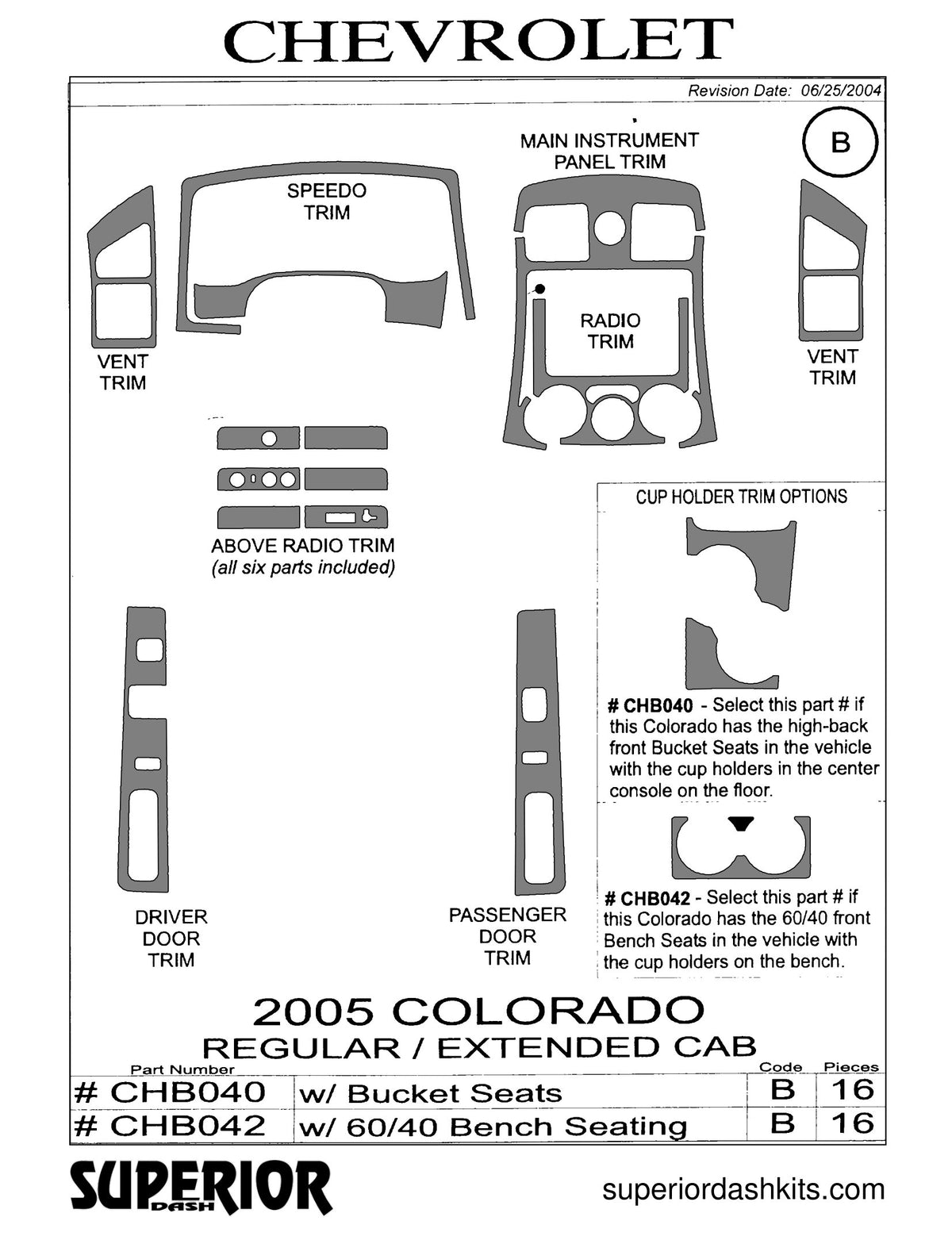 Shadow sheet for Superior Dash kit CHB040 / CHB042, 2005-2008 Chevrolet Colorado and GMC Canyon
