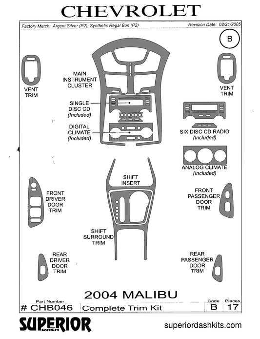 Shadow sheet for Superior Dash kit CHB046, 2004-2007 Chevrolet Malibu