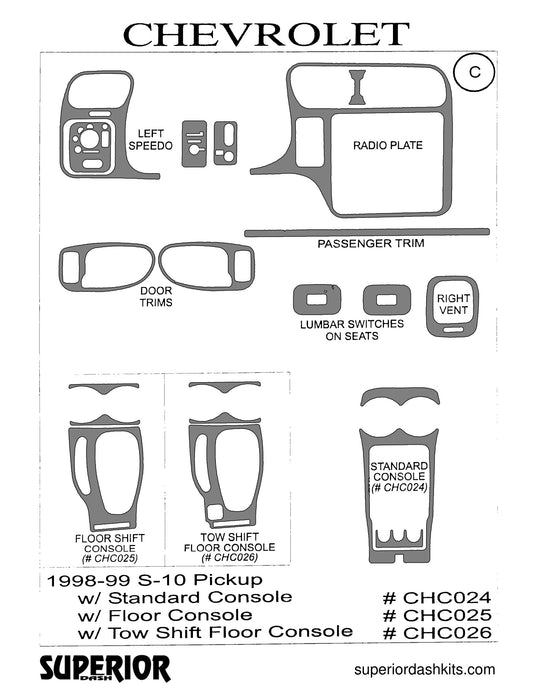 Shadow sheet for Superior Dash kit CHC024 / CHC025 / CHC026, 1998-1999 Chevrolet S-10