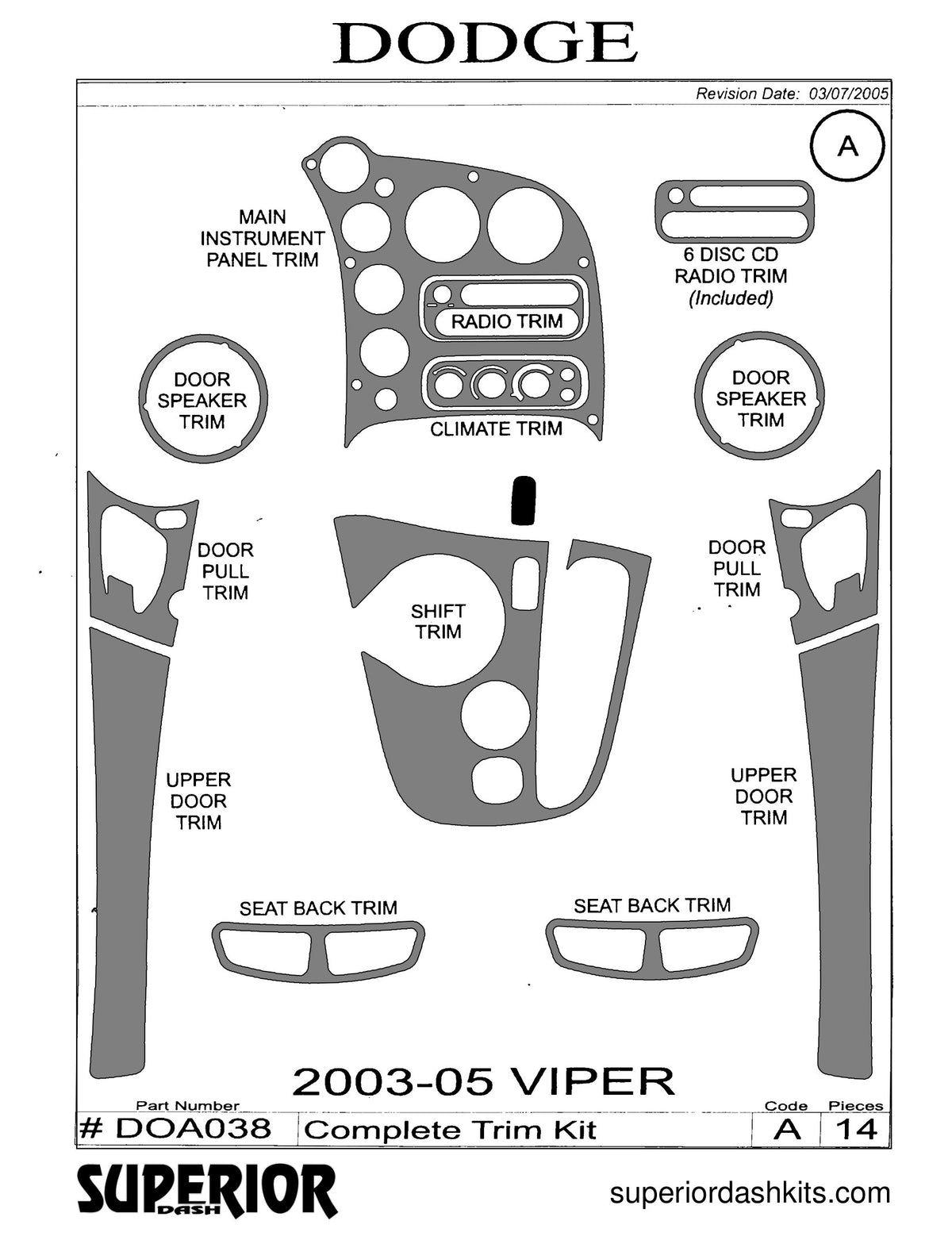 Shadow sheet for Superior Dash kit DOA038, 2003-2008 Dodge Viper