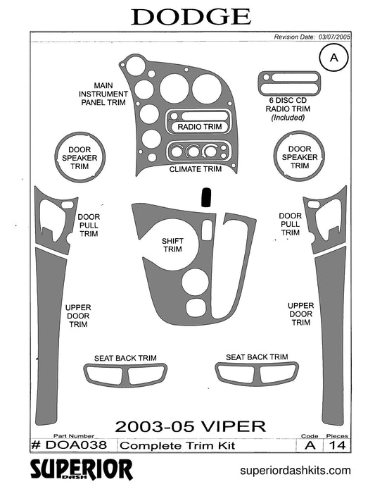 Shadow sheet for Superior Dash kit DOA038, 2003-2008 Dodge Viper