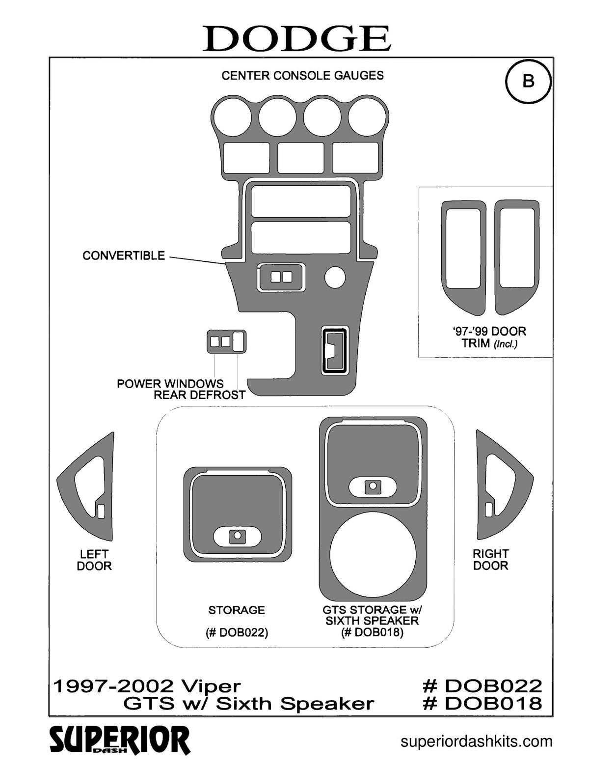 Shadow sheet for Superior Dash kit DOB022 / DOB018, 1997-2002 Dodge Viper
