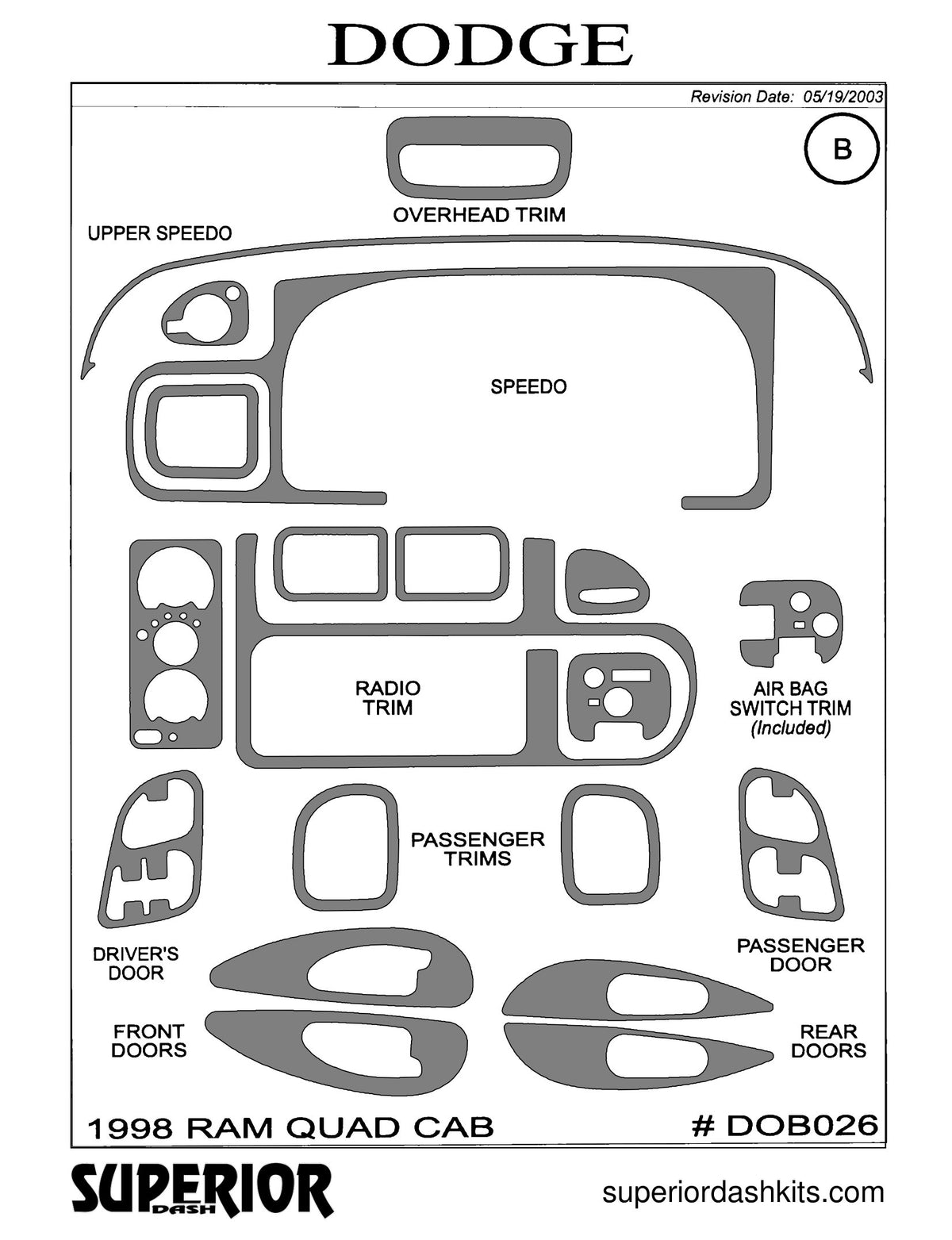Shadow sheet for Superior Dash kit DOB026, 1998 Dodge Ram