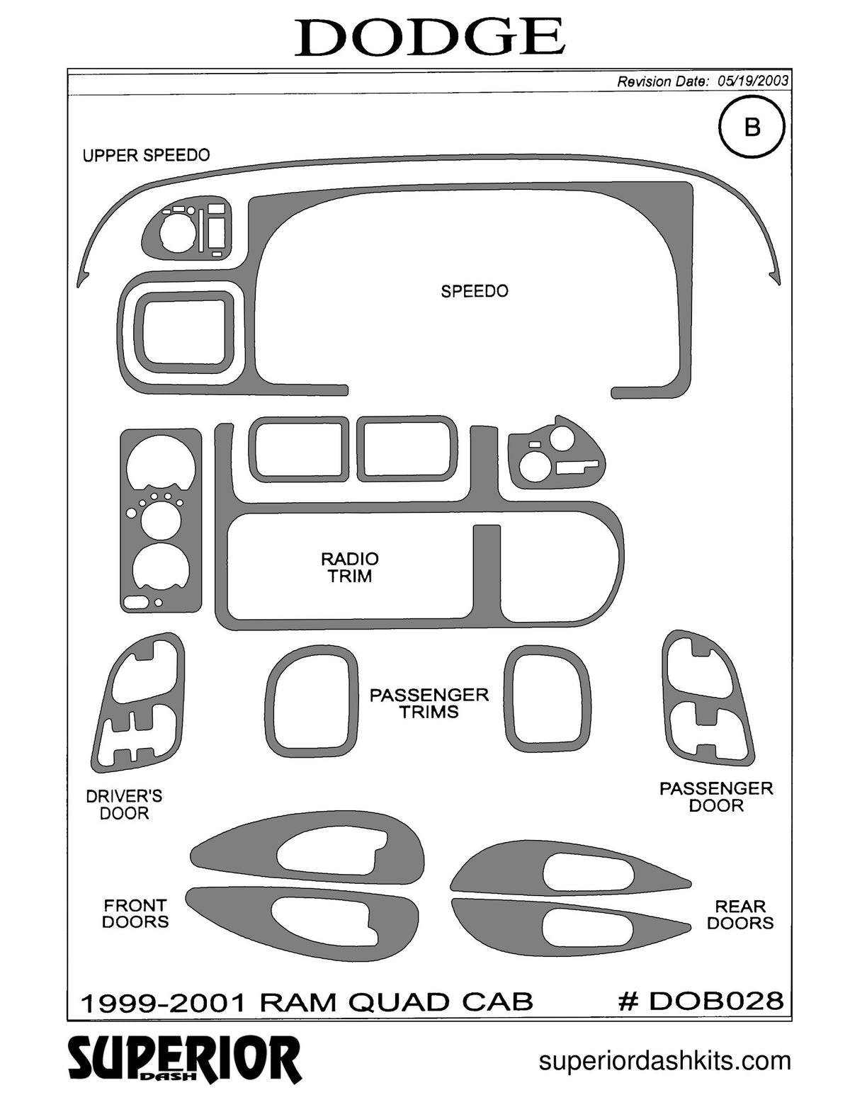 Shadow sheet for Superior Dash kit DOB028, 1999-2001 Dodge Ram