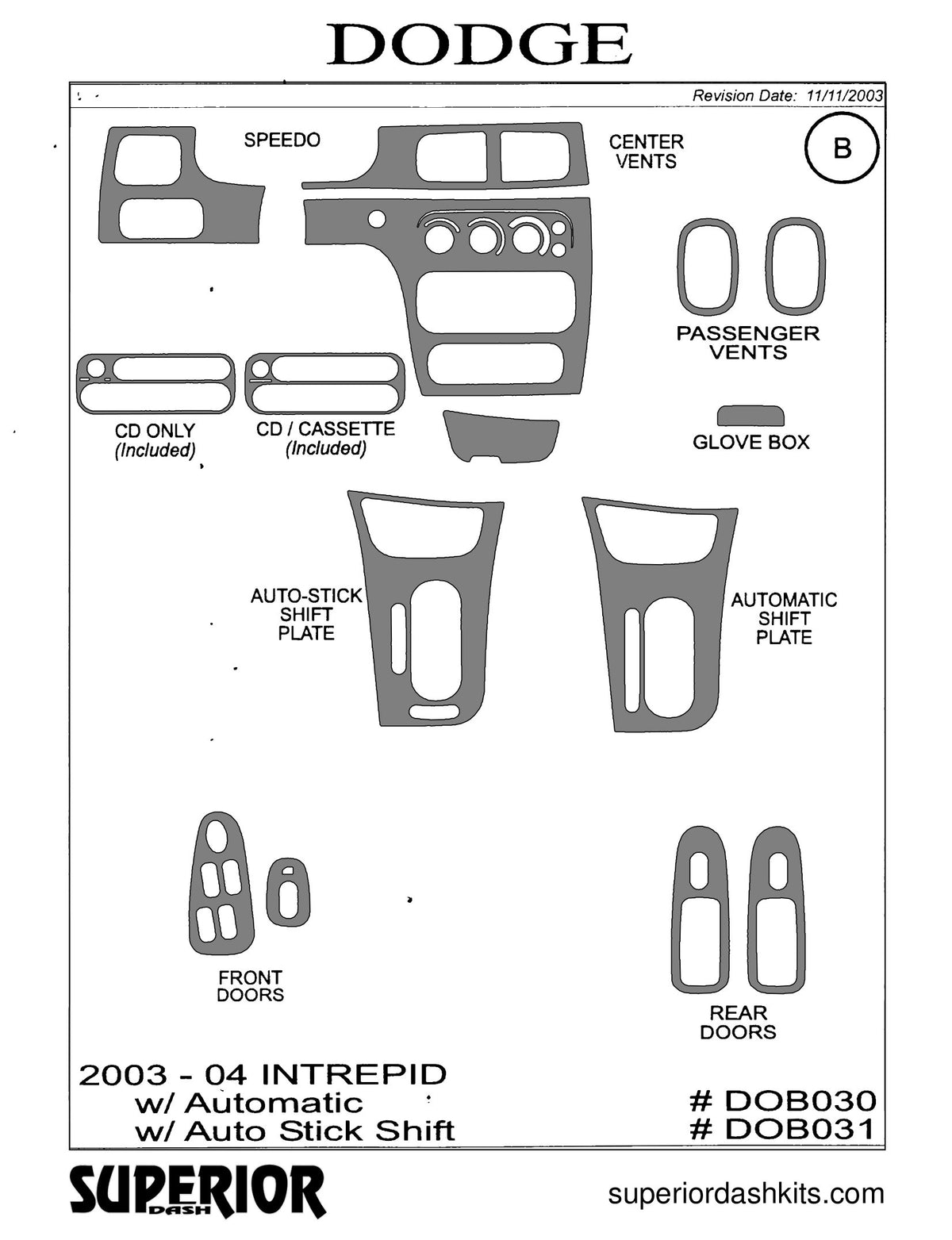 Shadow sheet for Superior Dash kit DOB030 / DOB031, 2003-2004 Dodge Intrepid