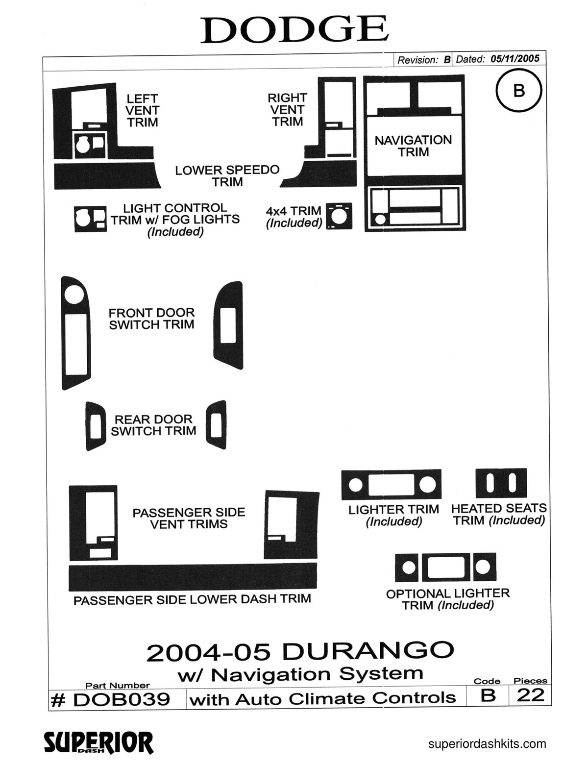 Shadow sheet for Superior Dash kit DOB039, 2004-2008 Dodge Durango