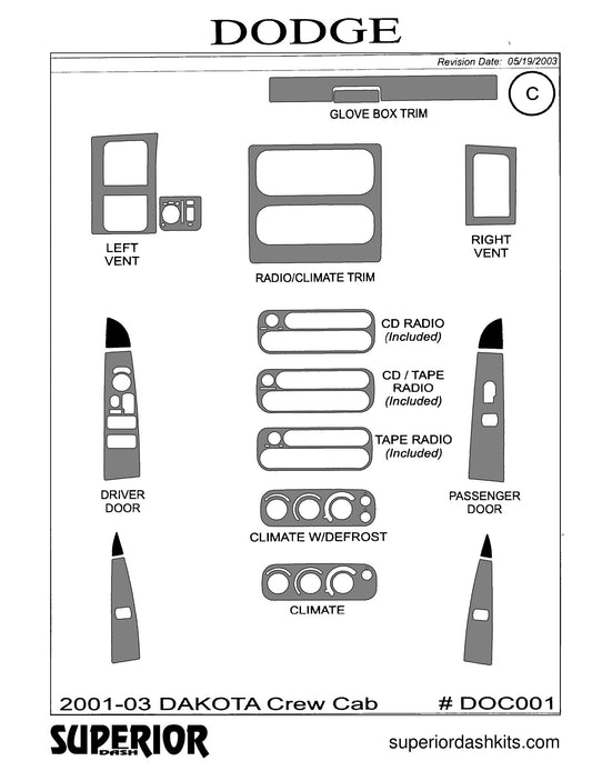 Shadow sheet for Superior Dash kit DOC001, 2001-2004 Dodge Dakota