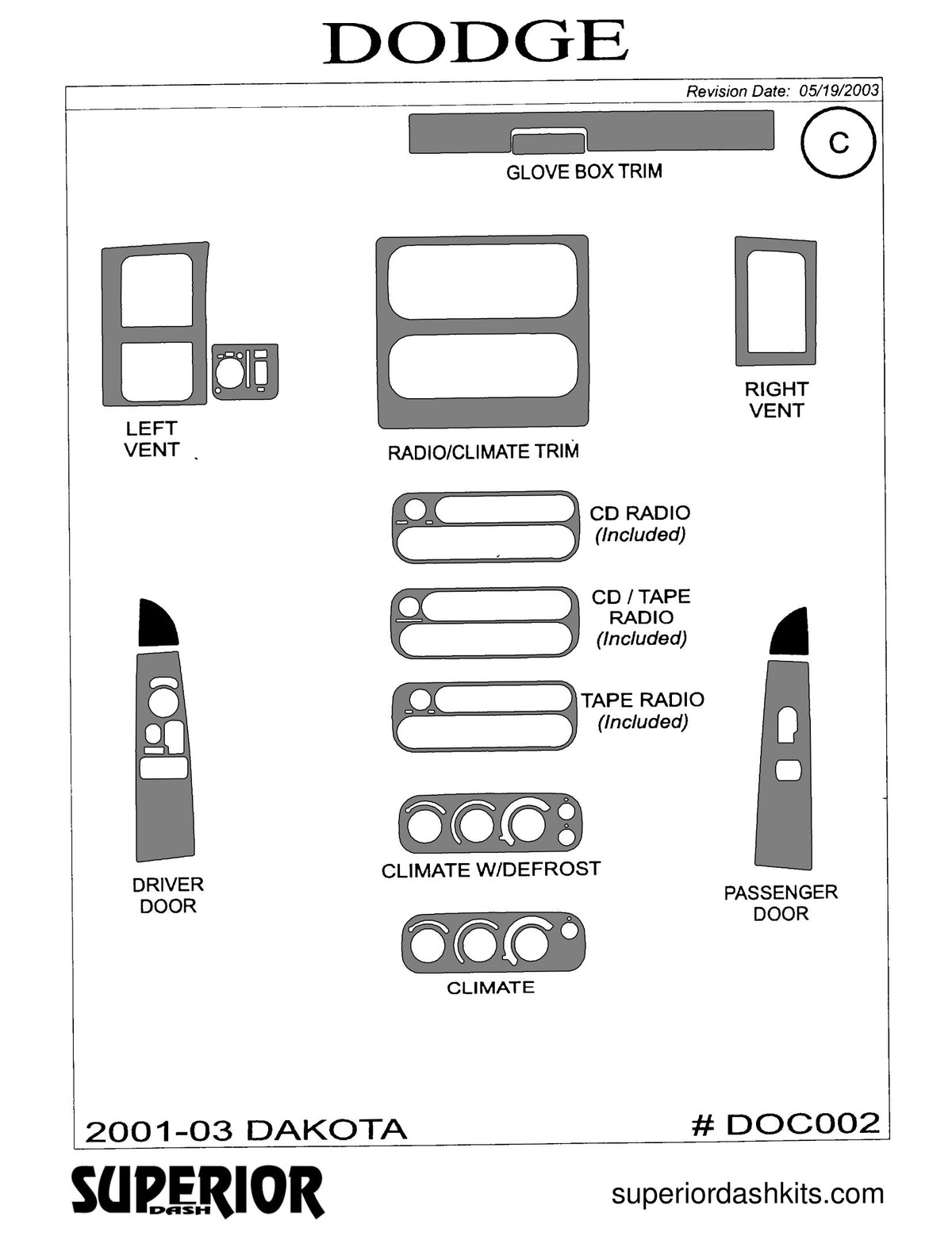 Shadow sheet for Superior Dash kit DOC002, 2001-2004 Dodge Dakota